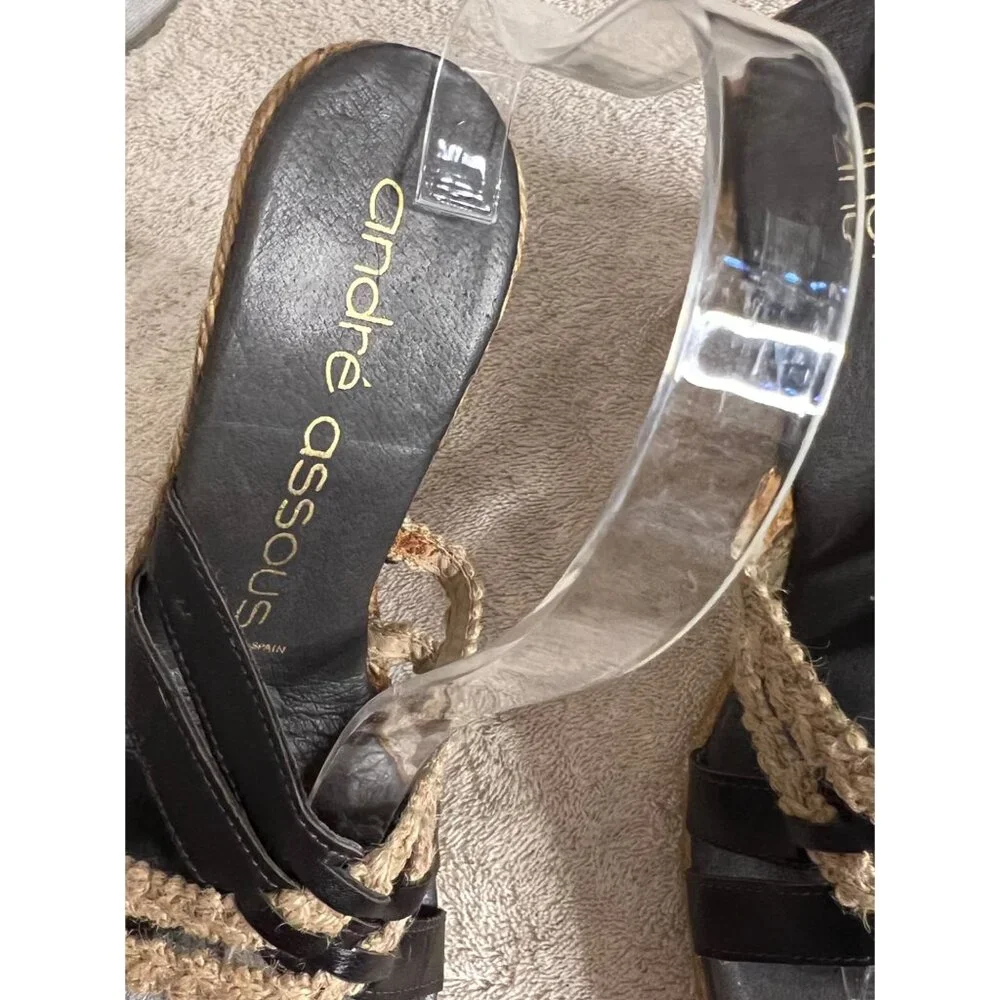 André Assous Women's Espadrille Wedge Sandals Size 7 Black & Natural Leather